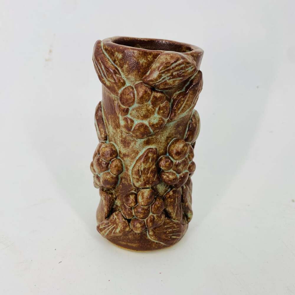 Studio Pottery Brown Green Sculptural Floral Bud Vase 5" Ceramic Art Decoration